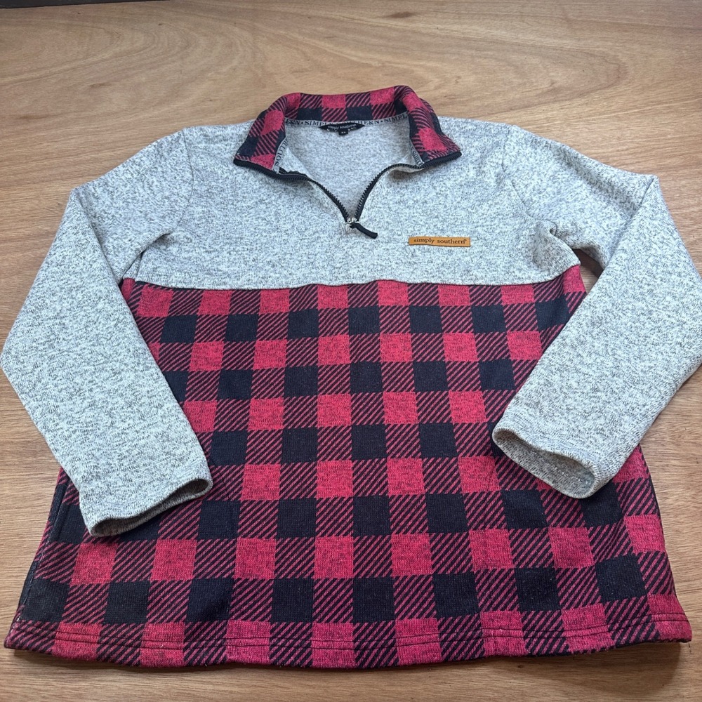 Simply Southern Buffalo Plaid Quarter Zip Pullover Sweater XL Gray Red Black